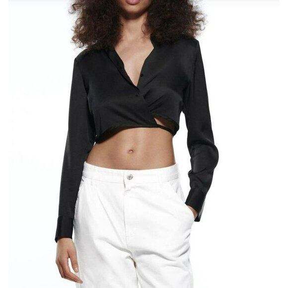 2/$30 Zara Black Satin‎ Efect Crop Shirt Dressy Size Small - Picture 2 of 15